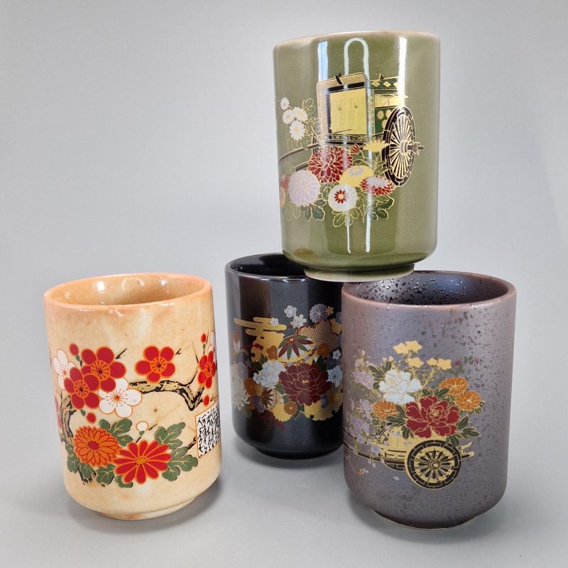 Set di 4 tazze in ceramica giapponese, fiori tradizionali - BOTAN