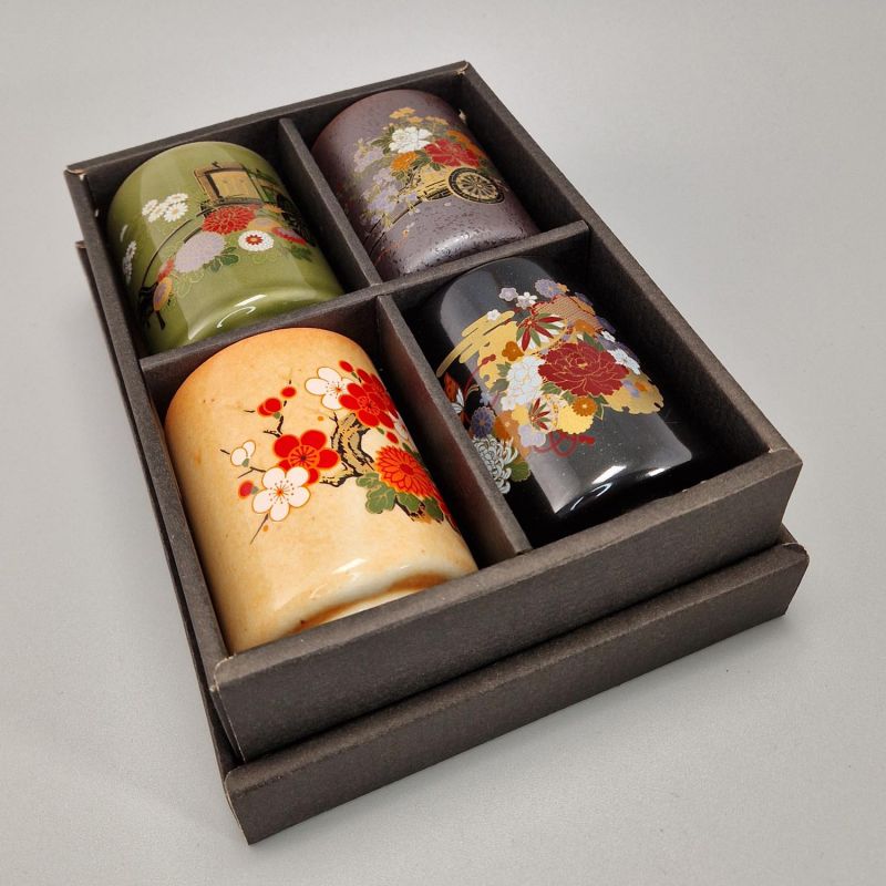 Set di 4 tazze in ceramica giapponese, fiori tradizionali - BOTAN