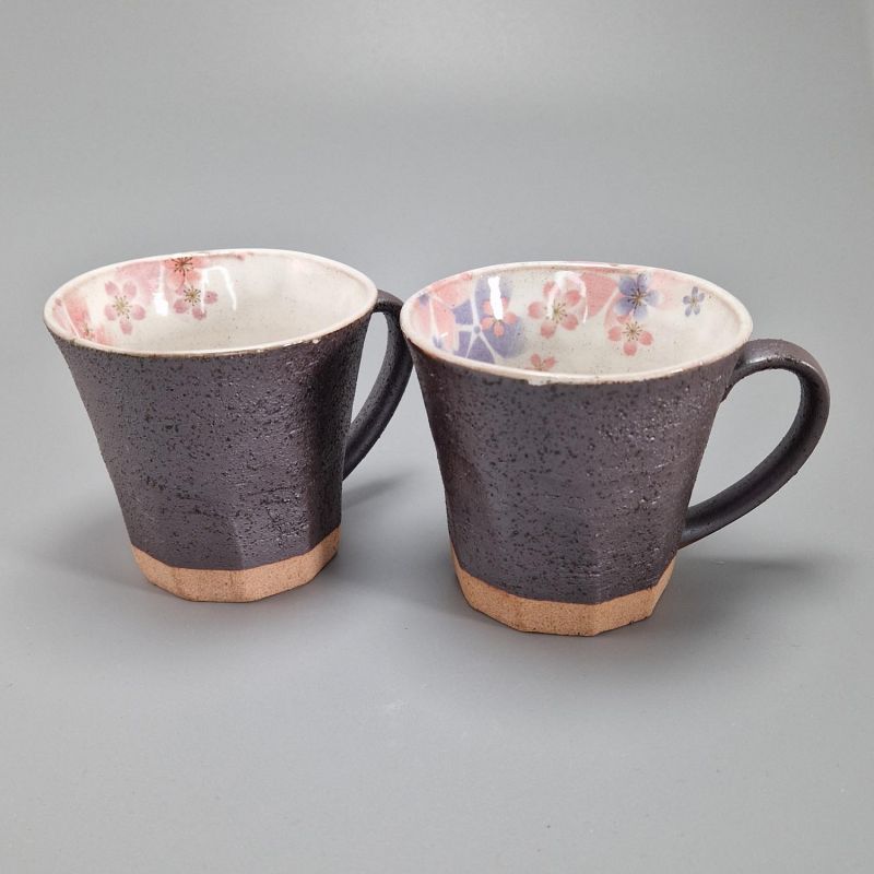 Duo de mug japonais artisanaux en terre cuite, motifs sakura bleu et rose, AO TO PINKU