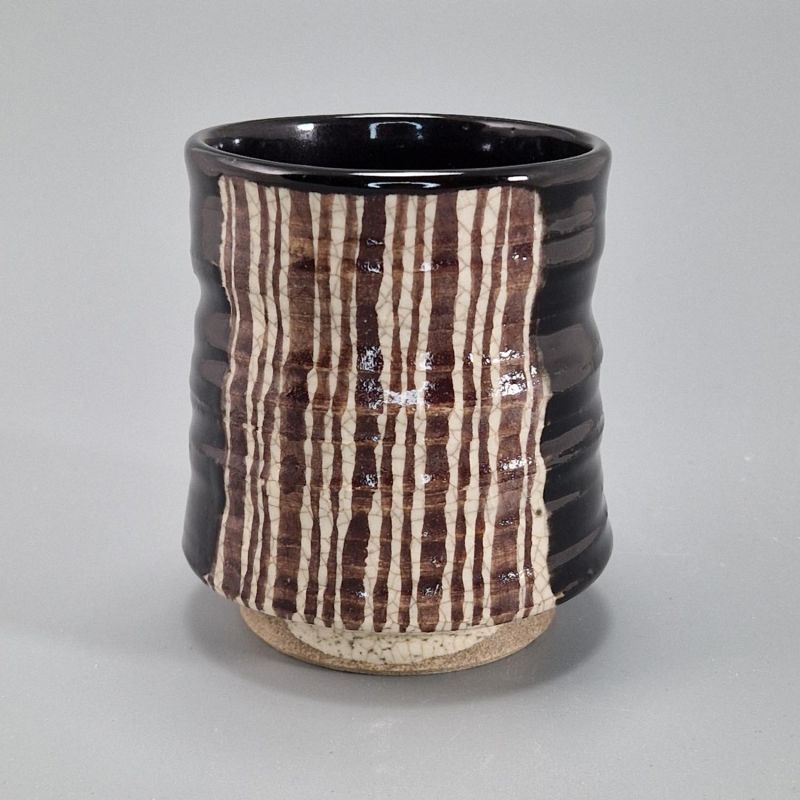 Japanese brown Raku ceramic tea cup with vertical line pattern, SUICHOKU SEN