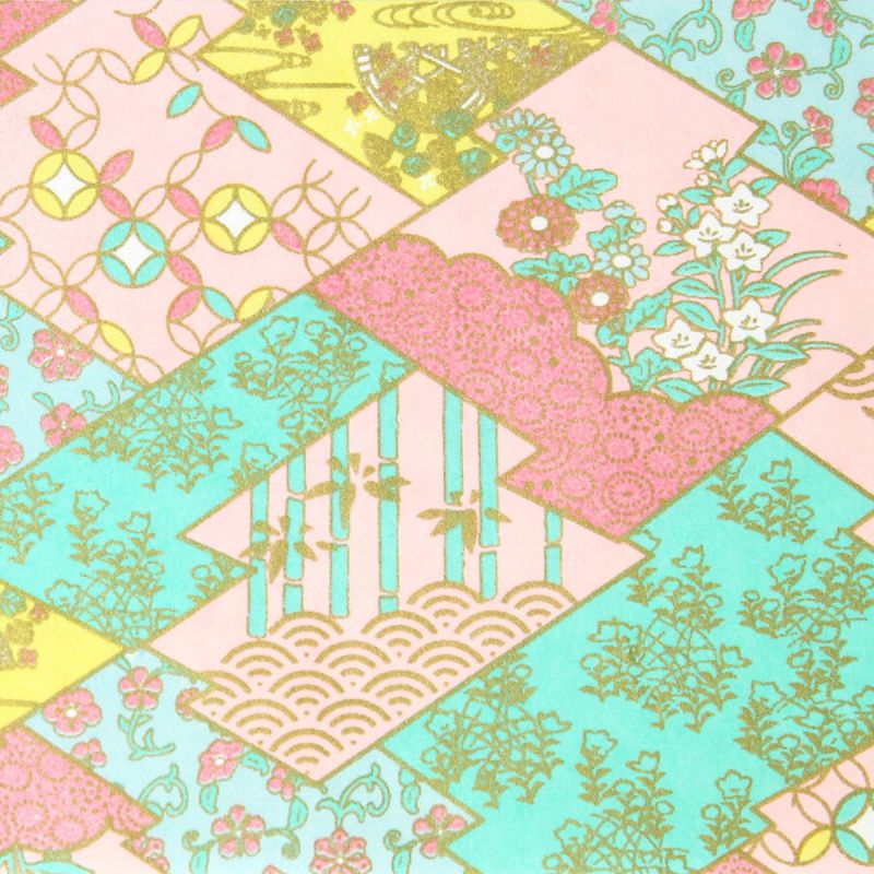 Grande foglio di carta giapponese, YUZEN WASHI, rosa, Namono-Saki con corteccia di pino stropicciata e castagne d'acqua