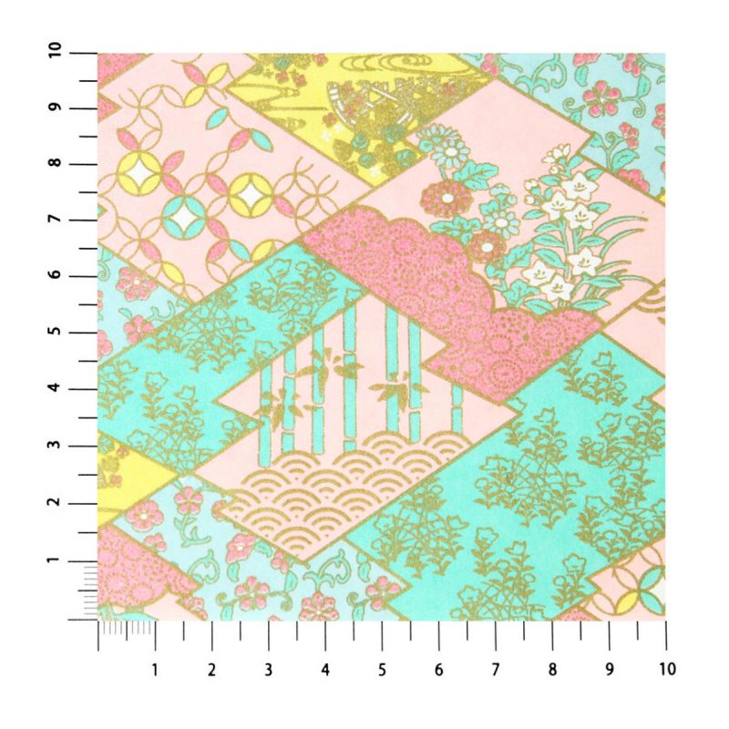 Grande foglio di carta giapponese, YUZEN WASHI, rosa, Namono-Saki con corteccia di pino stropicciata e castagne d'acqua