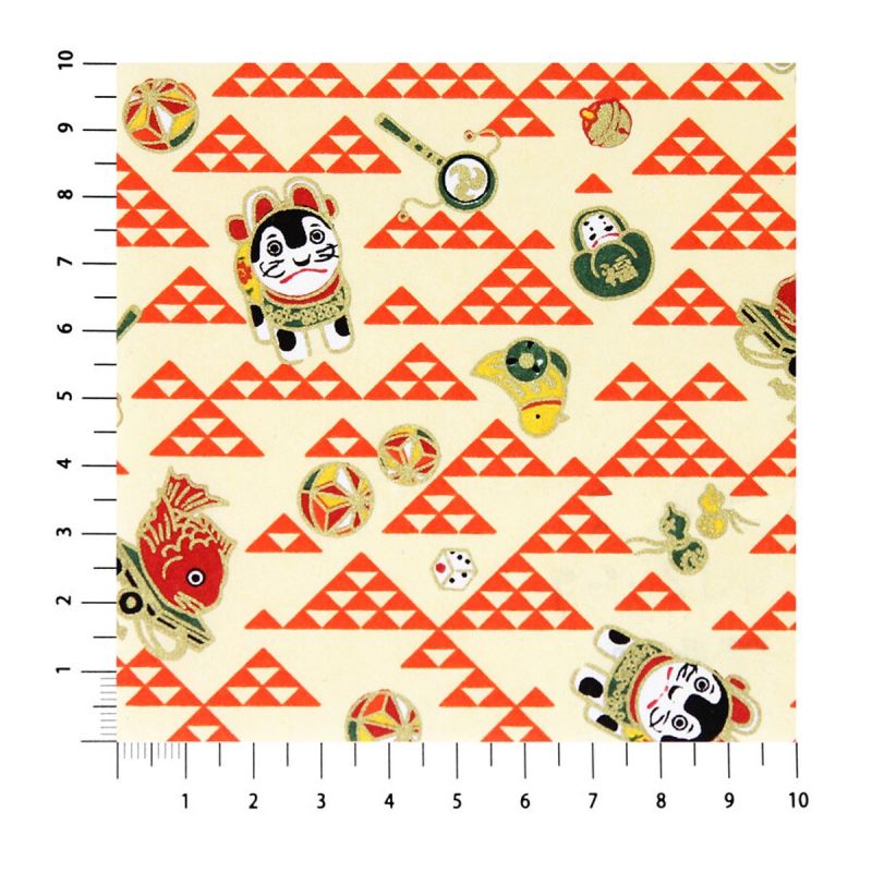 feuille papier japonais, YUZEN WASHI, Patron écailles avec jouets, rouge