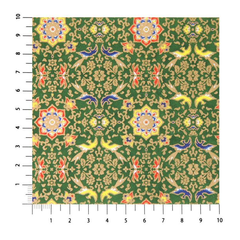 grande foglio di carta giapponese, YUZEN WASHI, verde, motivi di fiori, uccelli e fiori Shosoin