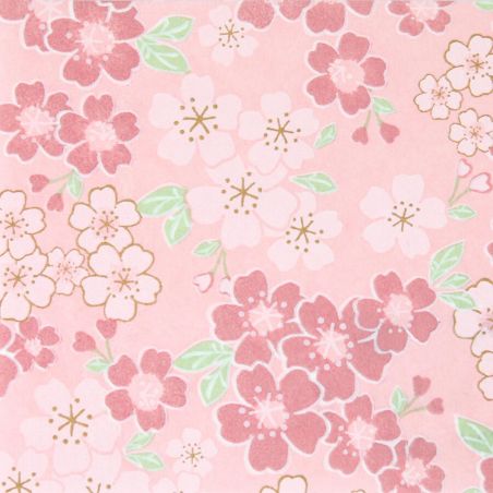 grande feuille papier japonais, YUZEN WASHI, rose et vert, Fleurs de cerisier en pleine floraison