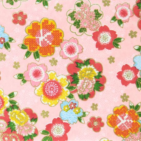 grande feuille papier japonais, YUZEN WASHI, rose, Motif de fleurs classique