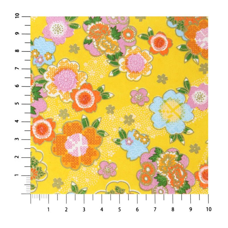 grande feuille papier japonais, YUZEN WASHI, jaune, Motif de fleurs classique