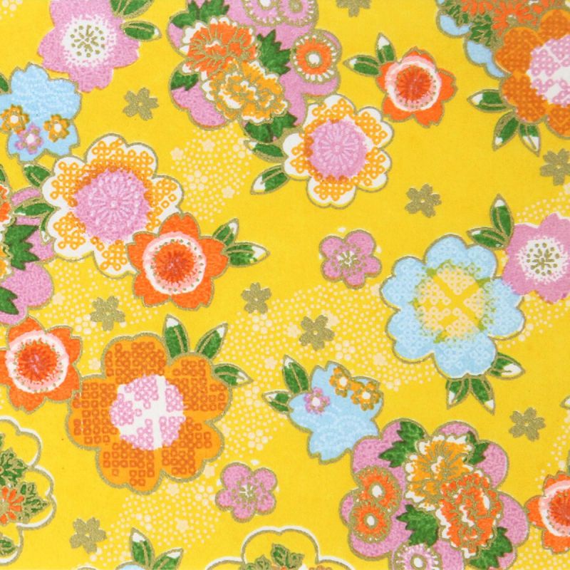 grande feuille papier japonais, YUZEN WASHI, jaune, Motif de fleurs classique