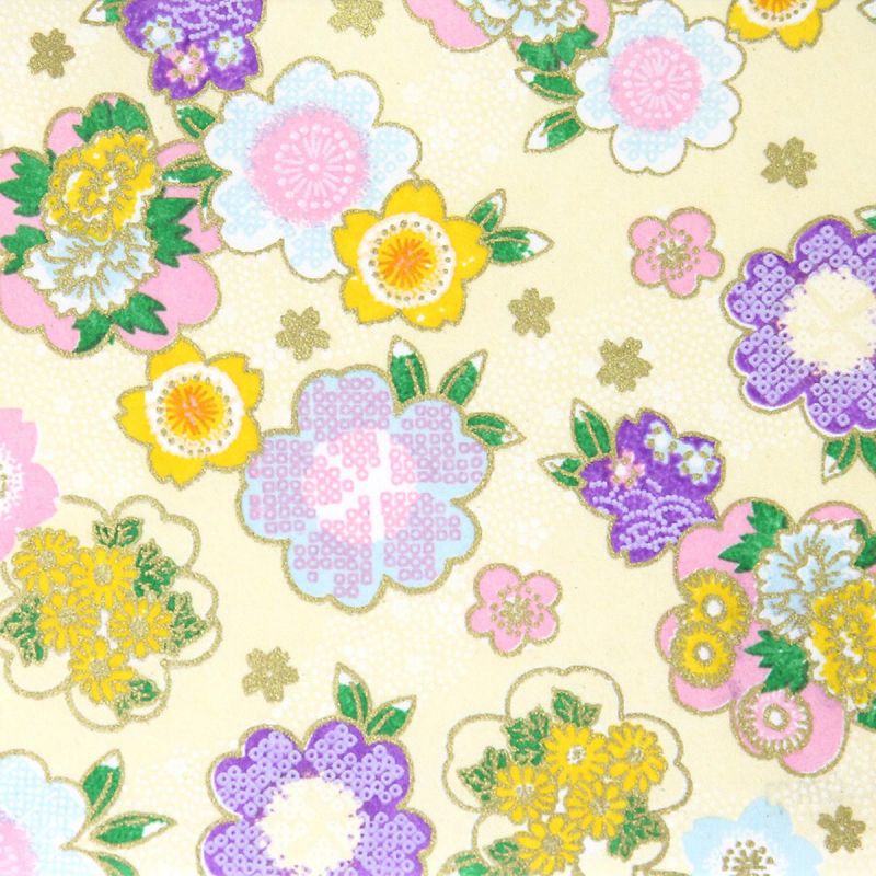 grande feuille papier japonais, YUZEN WASHI, beige, Motif de fleurs classique