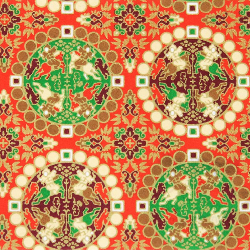 large sheet of Japanese paper, YUZEN WASHI, red, Shosoin lion hunt pattern