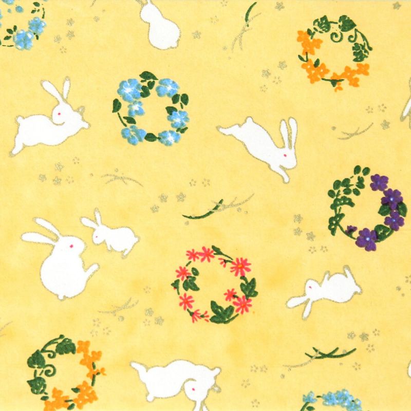 hoja grande de papel japonés, YUZEN WASHI, amarillo, estampado de conejos y flores.