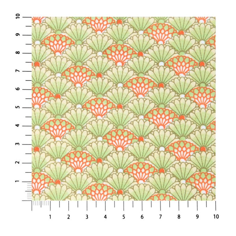hoja grande de papel japonés, YUZEN WASHI, verde y naranja, motivos Bokashi Chrysanthemum