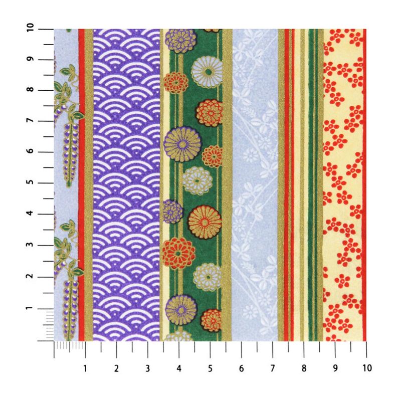 grande feuille papier japonais, YUZEN WASHI, violet, Quatre saisons de fleurs sur motif rayé