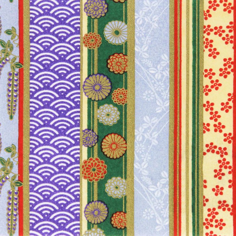 großes Blatt Japanpapier, YUZEN WASHI, lila, Vier Jahreszeiten mit Blumen auf Streifenmuster