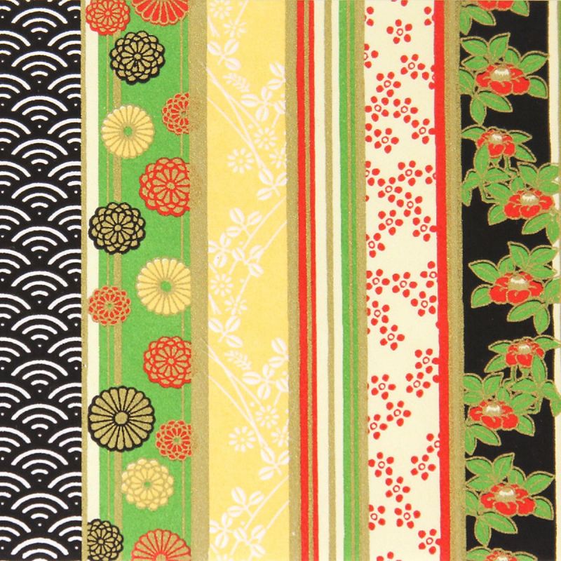 hoja grande de papel japonés, YUZEN WASHI, negro, Cuatro estaciones de flores con estampado de rayas