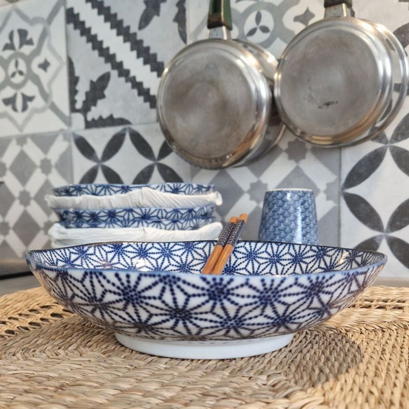 Blue Japanese ramen plate in ceramic, star pattern - HOSHI MOYO