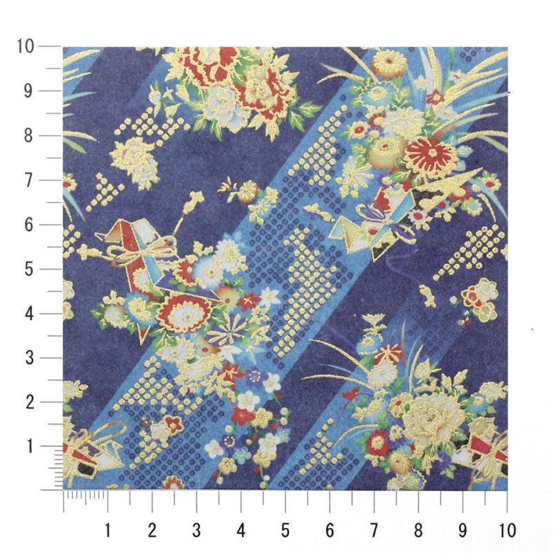 foglio di carta giapponese, YUZEN WASHI, blu, bouquet di fiori Yoi kaori