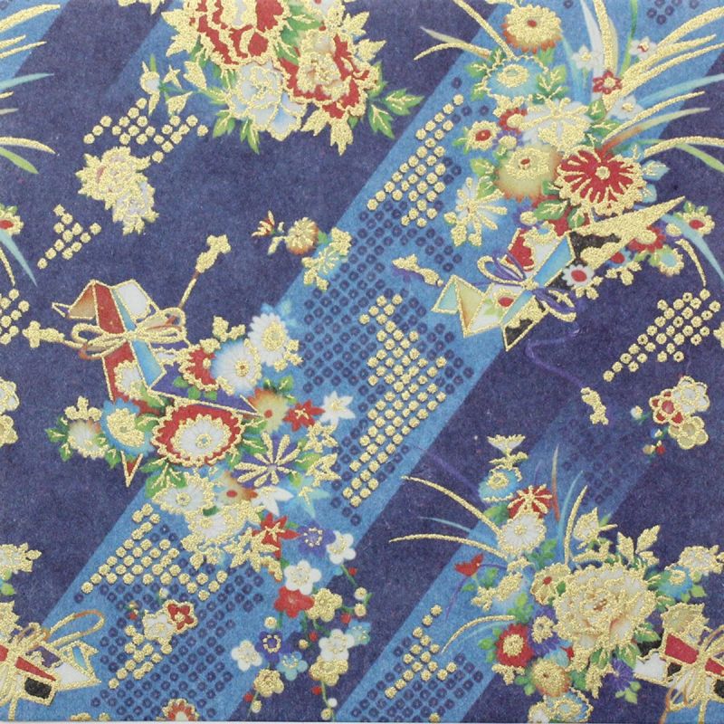feuille papier japonais, YUZEN WASHI, bleu, bouquet de fleurs Yoi kaori