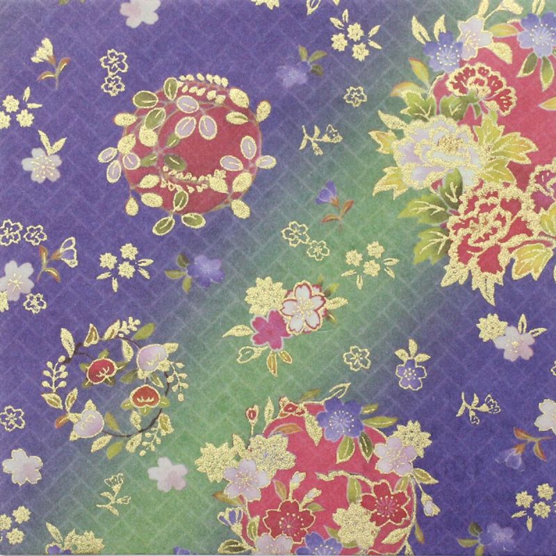 Blatt japanisches Papier, YUZEN WASHI, blau, runde Blume, Marui Hana