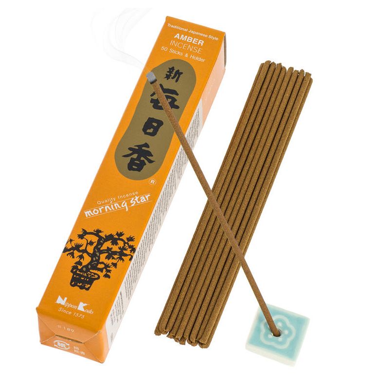 Boîte 50 bâtons d'encens japonais avec son support en céramique, MORNING STAR AMBER, parfum ambre