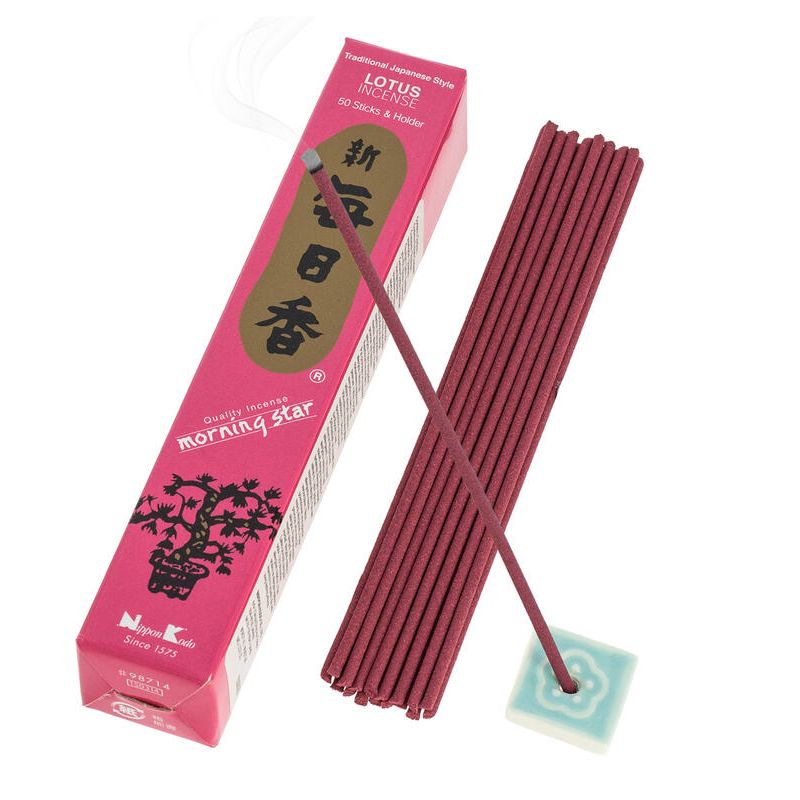 Boîte 50 bâtons d'encens japonais avec son support en céramique, MORNING STAR LOTUS, parfum lotus