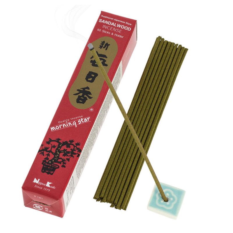 Boîte 50 bâtons d'encens japonais avec son support en céramique, MORNING STAR SANDALWOOD, parfum santal