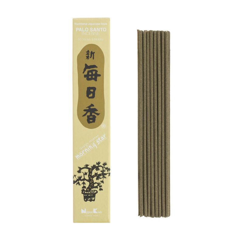 Caja de 50 varitas de incienso japonés con su soporte de cerámica, MORNING STAR PALO SANTO, fragancia palo santo