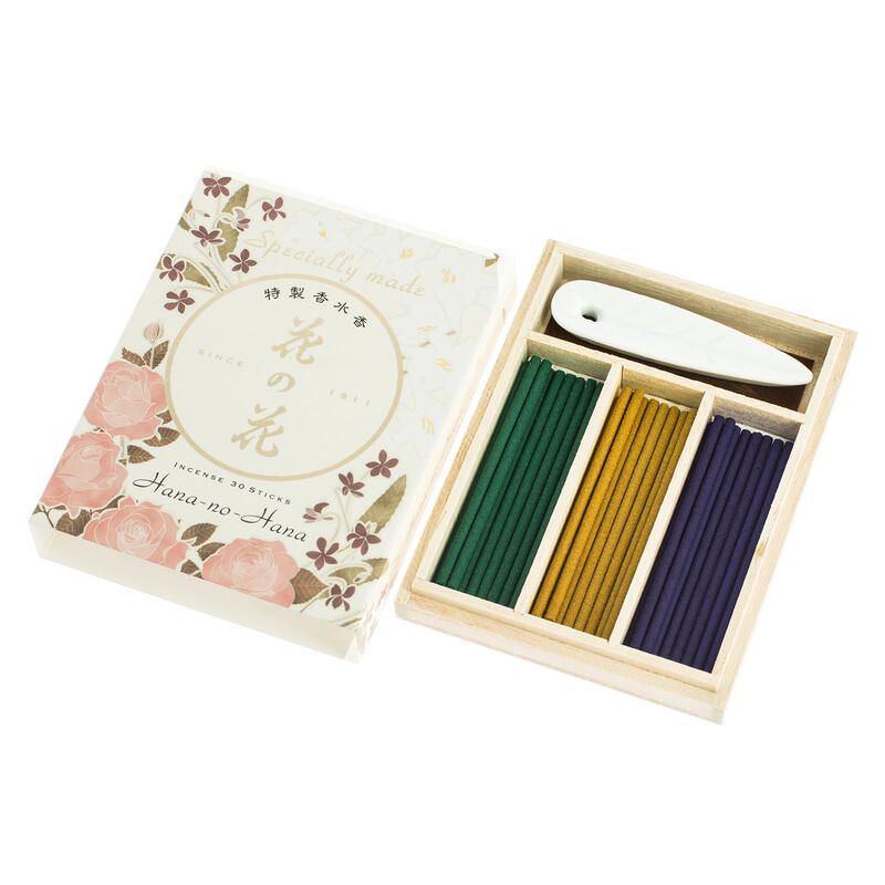 Wooden case with 30 sticks and incense holder, HANA NO HANA EXCELLENT, Rose, Lys and Violet