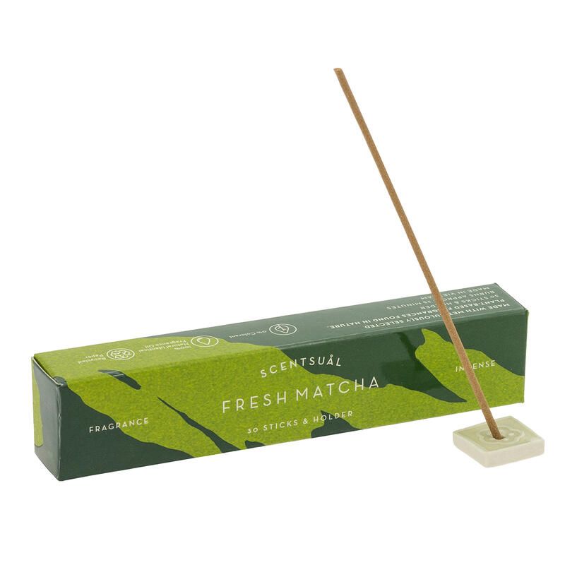 Caja de 30 varitas de incienso con portainciensos, TÉ VERDE FRESCO Y ESCENTUAL, Té Verde