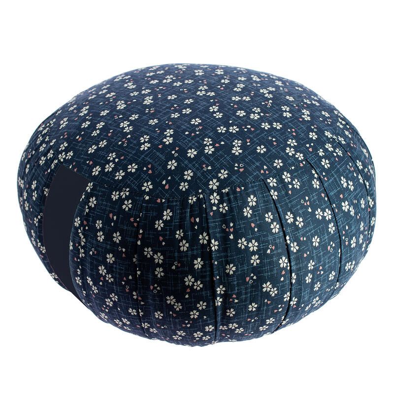 Coussin de méditation rond bleu motif fleurs de cerisier, ZAFU AO SAKURA, 33 cm