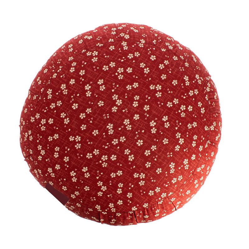 Coussin de méditation rond rouge motif fleurs de cerisier, ZAFU AKA SAKURA, 33 cm