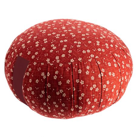 Coussin de méditation rond rouge motif fleurs de cerisier, ZAFU AKA SAKURA, 33 cm