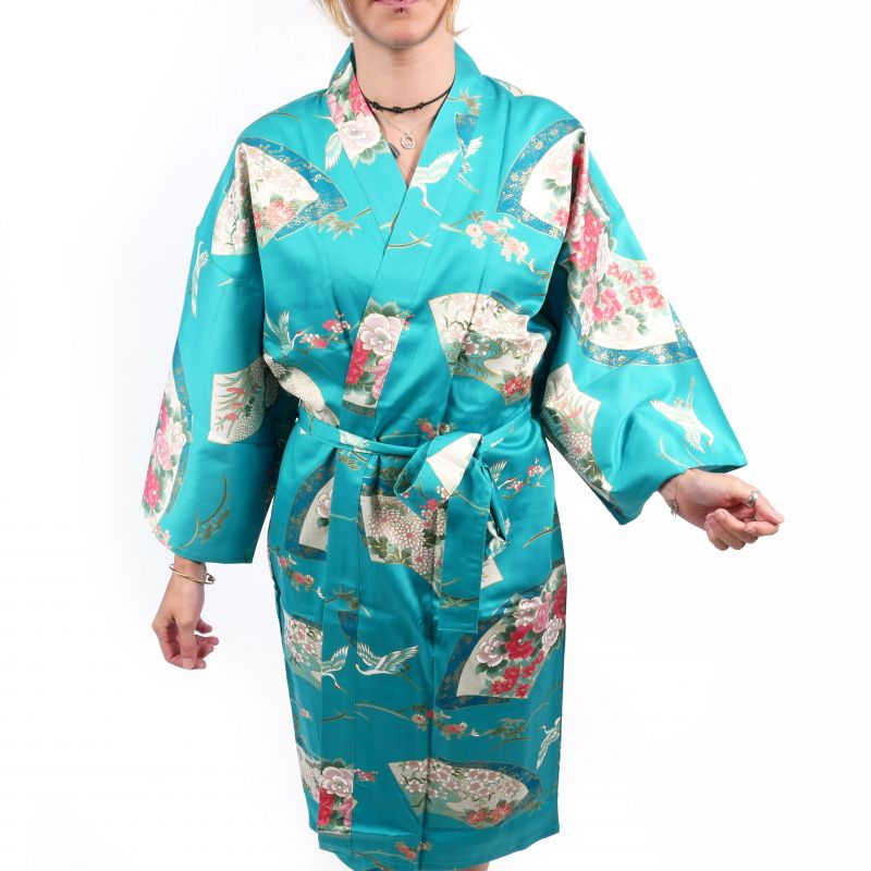 Kimono happi tradicional japonés de algodón turquesa con estampado de grullas para mujer, HAPPI YUKATA TSURU