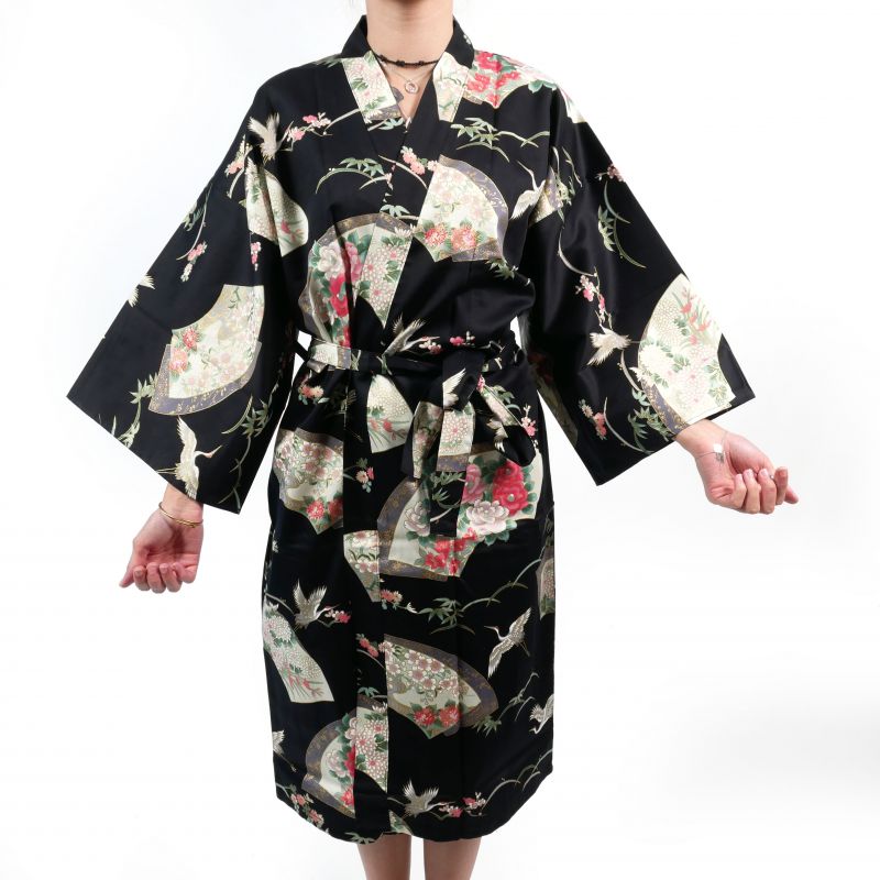 Kimono tradizionale giapponese Happi in cotone nero con motivo gru da donna, HAPPI YUKATA TSURU