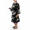 Kimono happi tradicional japonés de algodón negro con estampado de grullas para mujer, HAPPI YUKATA TSURU