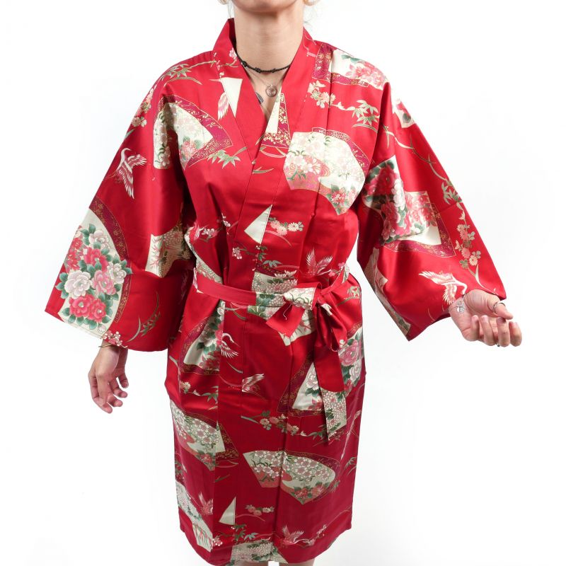 Kimono happi tradicional japonés de algodón rojo con estampado de grullas para mujer, HAPPI YUKATA TSURU