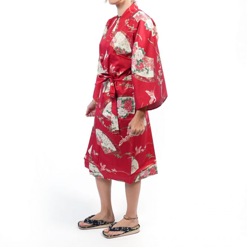 Kimono happi traditionnel japonais rouge en coton motif grue pour femme, HAPPI YUKATA TSURU