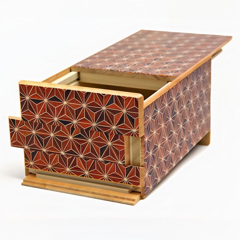 Secret box in traditional Yosegi marquetry from Hakone, ASANOHA, 21 levels