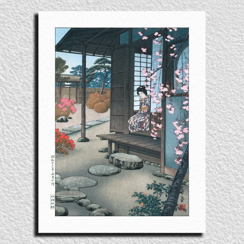 Reproduction de l'estampe de Hodo Nishimura, Bijin dans un jardin Engawa au printemps