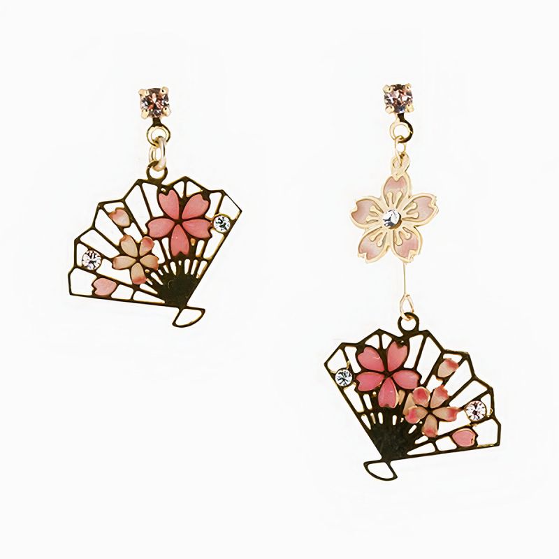 Boucles d'oreilles japonaises- Motif Fleurs de cerisier et éventails