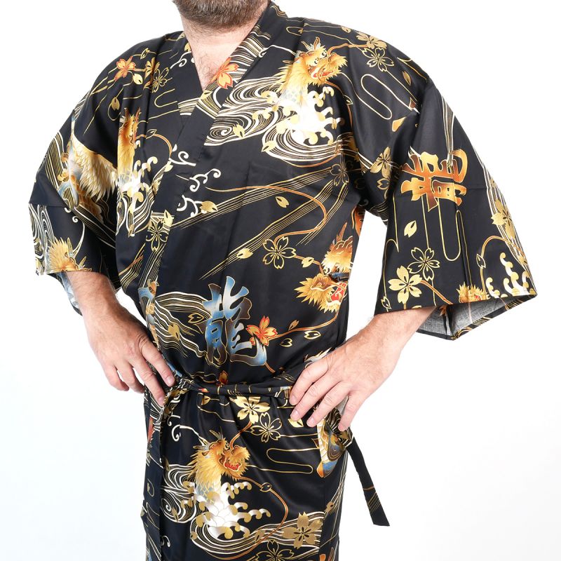 Black Japanese happi kimono with golden dragon in cotton for men - DORAGON