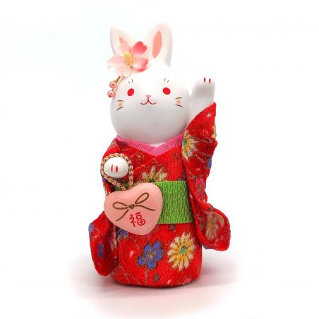 Ceramic white rabbit ornament, RAKKIBANI, red kimono