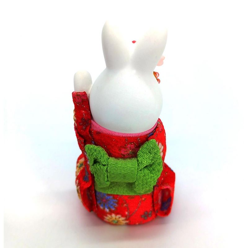 Ceramic white rabbit ornament, RAKKIBANI, red kimono