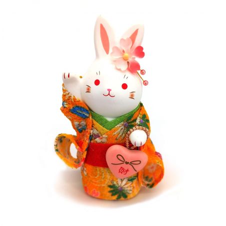 Ceramic white rabbit ornament, RAKKIBANI, yellow kimono