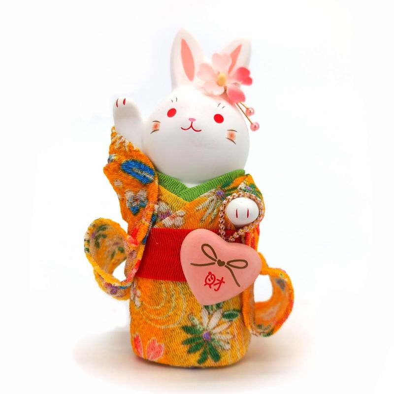 Ceramic white rabbit ornament, RAKKIBANI, yellow kimono