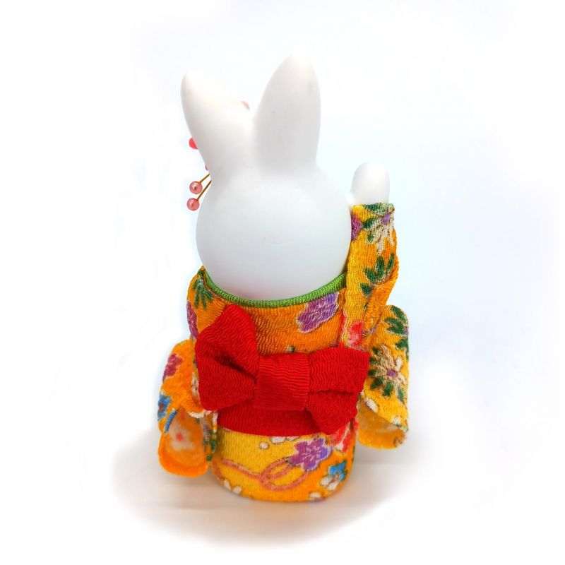 Ceramic white rabbit ornament, RAKKIBANI, yellow kimono