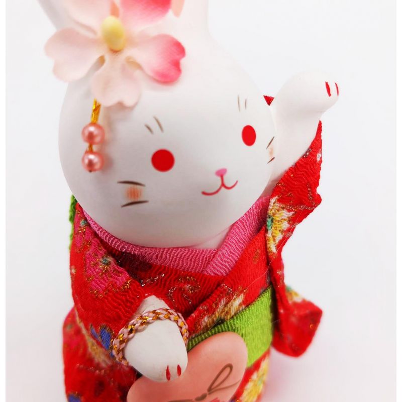 Ceramic white rabbit ornament, RAKKIBANI, red kimono