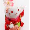 Ceramic white rabbit ornament, RAKKIBANI, red kimono