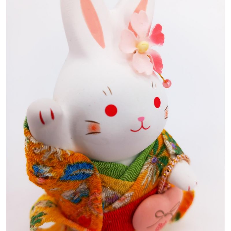 Ornement lapin blanc en céramique, RAKKIBANI, kimono jaune