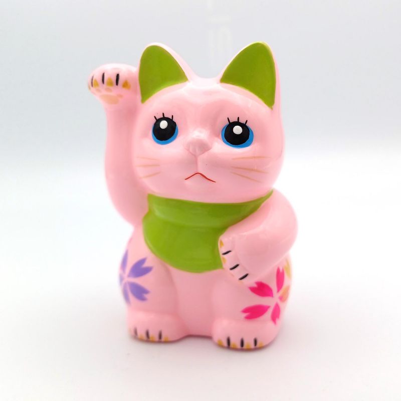 Chat porte-bonheur japonais manekineko, PINKU, rose et vert